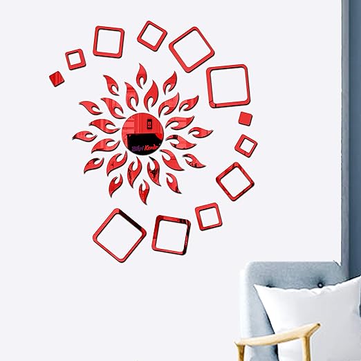 Great Collection - Sun red with Square red 2 Set. - 3D Acrylic Mirror Stickers for Wall