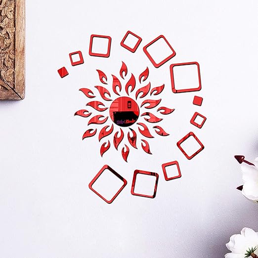 Great Collection - Sun red with Square red 2 Set. - 3D Acrylic Mirror Stickers for Wall