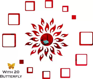 Great Collection - Sun red With 12 Square And 10 butterfly Mirror stickers for wall, wall mirror stickers for Home & Offices. Self Adhesive Sticker  (Pack of 1)