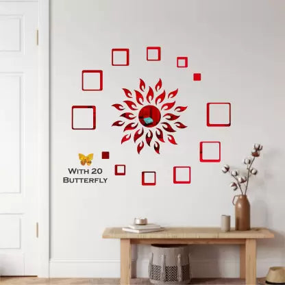 Great Collection - Sun red With 12 Square And 10 butterfly Mirror stickers for wall, wall mirror stickers for Home & Offices. Self Adhesive Sticker  (Pack of 1)