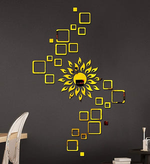 Great Collection - Sun Golden With 12 Square Mirror stickers for wall, wall mirror stickers for Home & Offices. Self Adhesive Sticker